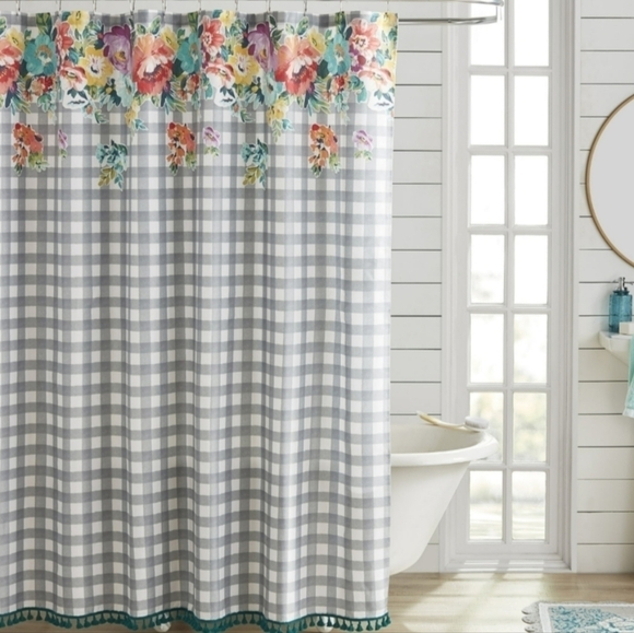 The Pioneer Woman Sweet Romance Gingham Floral Cotton-Rich Shower Curtain 72x72 - Picture 1 of 3
